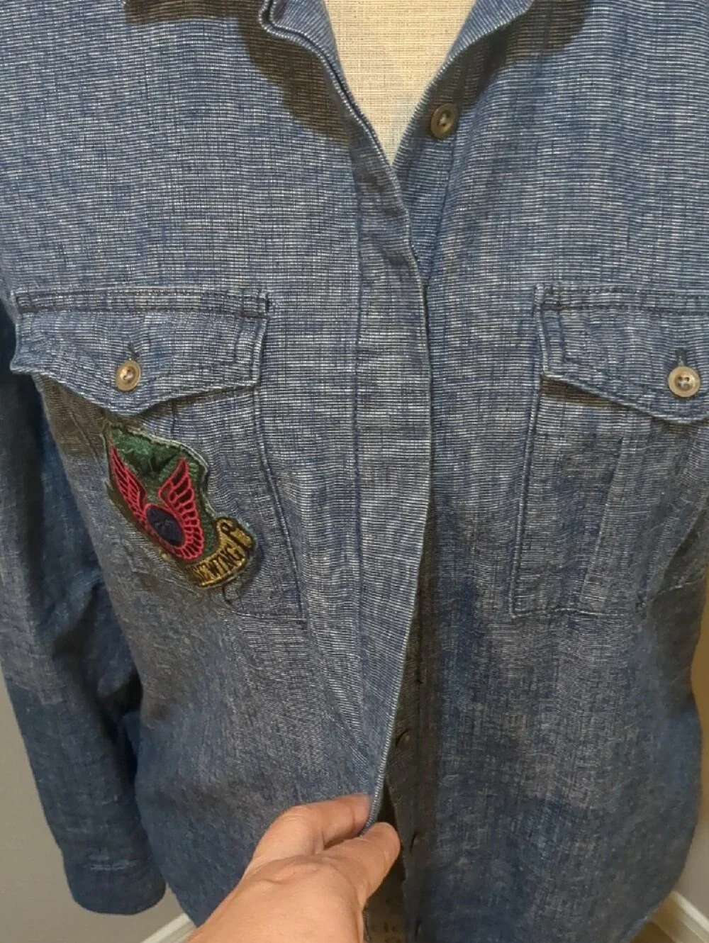 Banana Republic Blue Chambray Long-Sleeve Pocket Shirt  With Military Patch